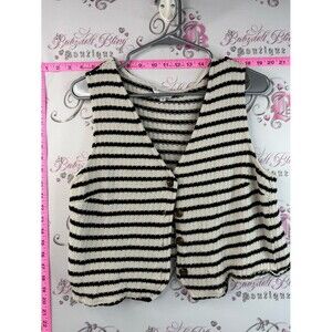 Reitmans vest cardigan, Black and White Striped Knit Button Front Vest sweater